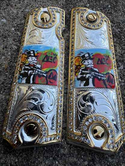 1911 ZIRCONIA 45 38 SUPER MONOPOLY GOLD GUN PISTOL GRIP CACHAS & 24K SCREWS