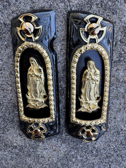 1911 45 38 Super Full Size Virgen De Guadalupe Gold Gun Grip Cachas & 24K Screws