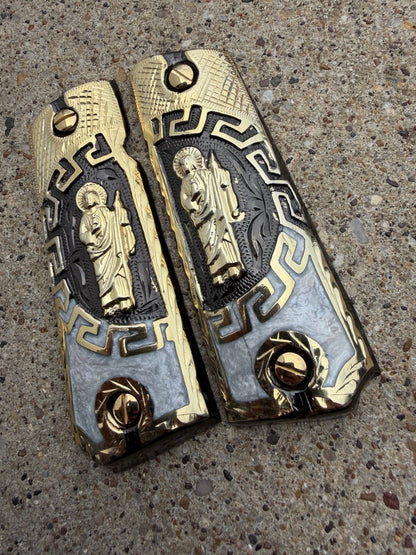 1911 45 38 Super Full Size San Judas Gold Gun Pistol Grip Cachas & 24K Screws