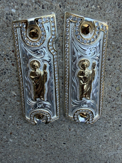 1911 ZIRCONIA 45 38 SUPER SAN JUDAS GOLD GUN PISTOL GRIP CACHAS & 24K SCREWS