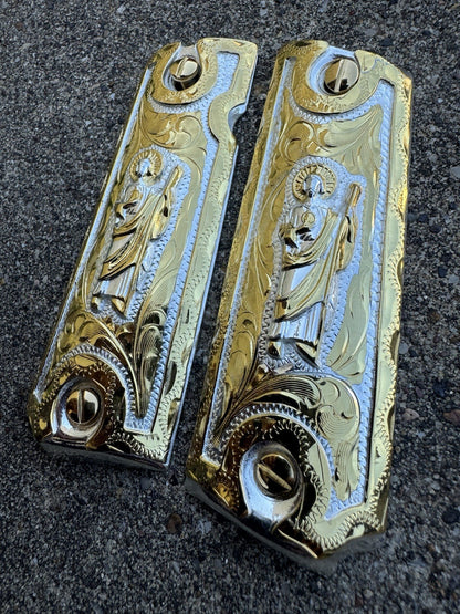 1911 45 38 Super San Judas Full Size Gold Gun Pistol Grip Cachas & 24K Screws