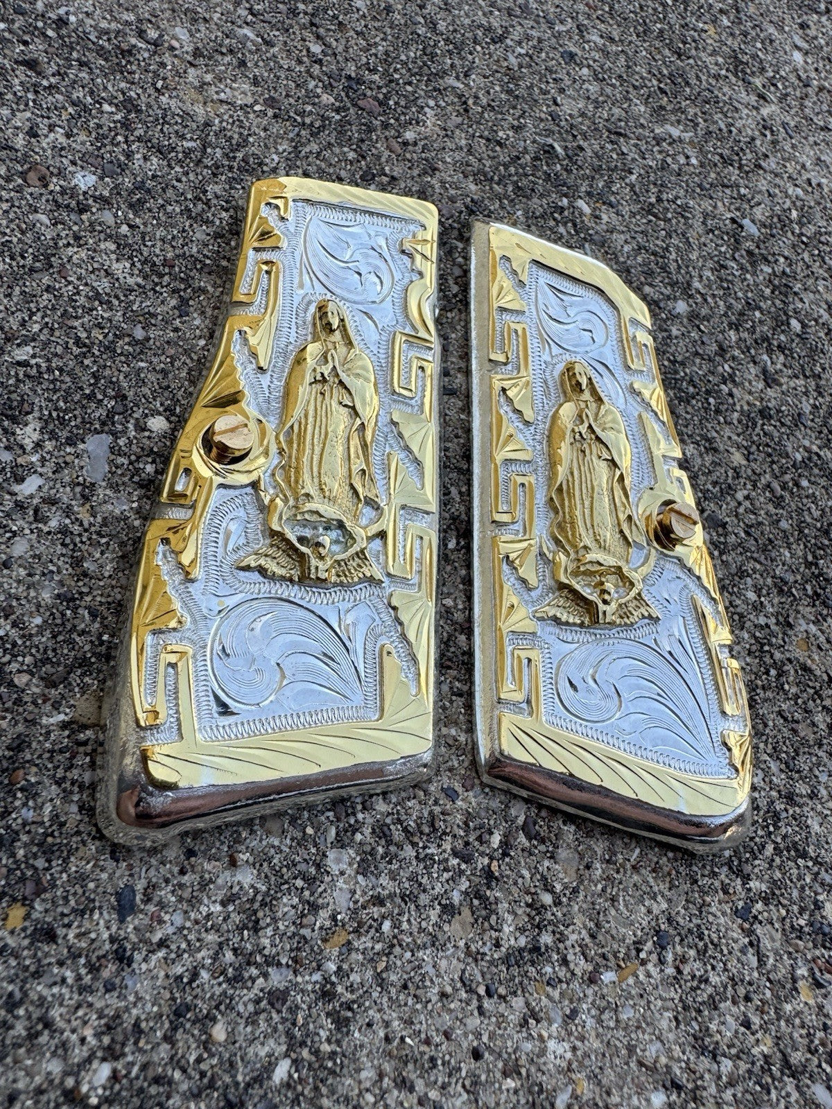 Browning Hi-Power 9mm Virgen De Guadalupe Gold Gun Pistol Grip Cachas & Screws