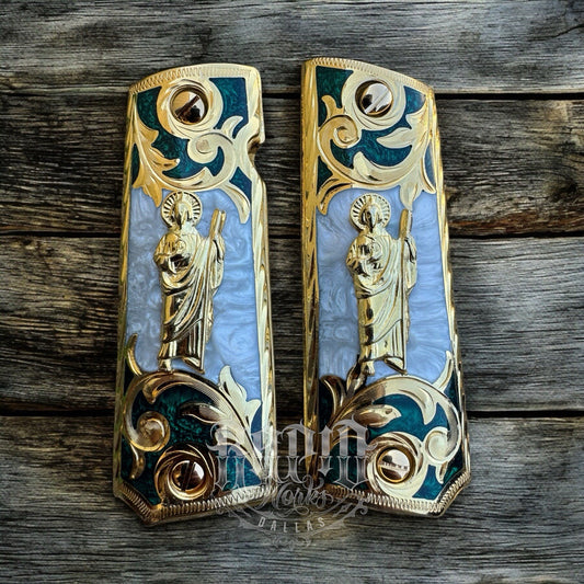 1911 45 38 Super San Judas Full Size Gold Gun Pistol Grip Cachas & 24K Screws