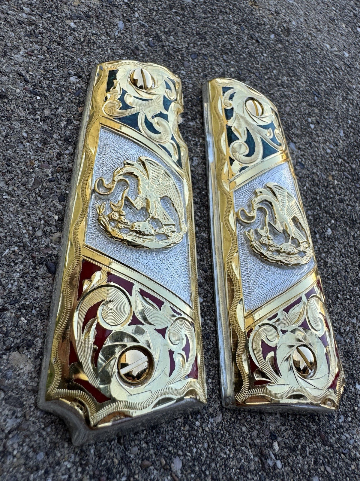 1911 45 38 Super Full Size Mexican Flag Gold Gun Pistol Grip Cachas & 24K Screws