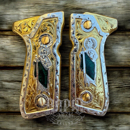 Beretta 92FS Cachas San Judas Gold Plated Pistol Custom Grips & Gold Screws