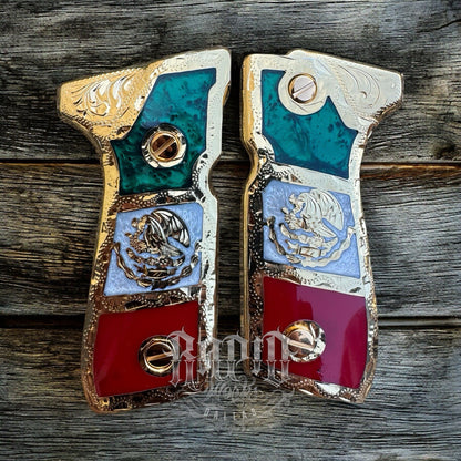 Beretta 92FS Cachas Mexican Flag Gold Plated Pistol Custom Grips & Gold Screws