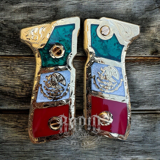 Beretta 92FS Cachas Mexican Flag Gold Plated Pistol Custom Grips & Gold Screws