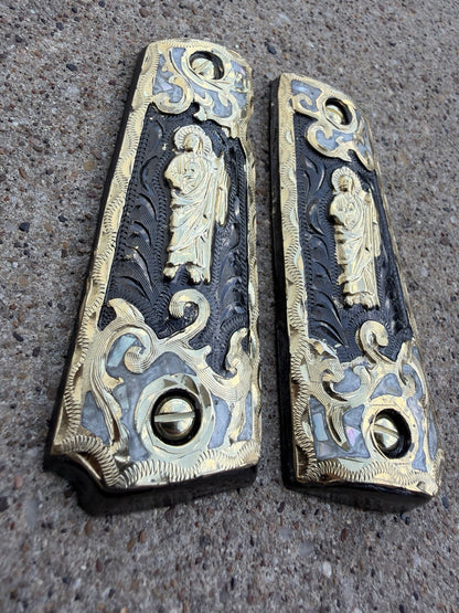 1911 45 38 Super Full Size San Judas Gold Gun Pistol Grip Cachas & 24K Screws