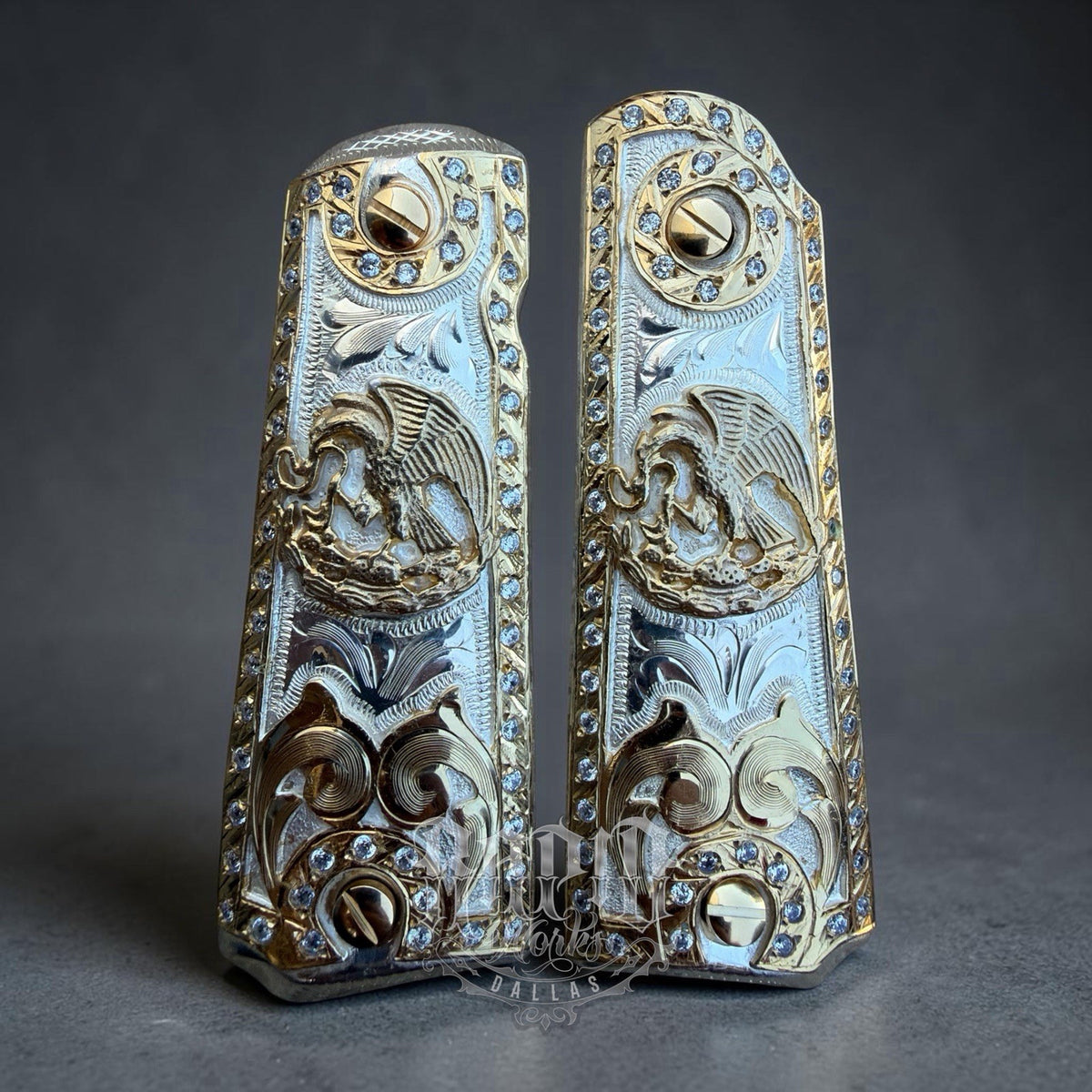 1911 ZIRCONIAS 45 38 SUPER MEXICAN EAGLE GOLD GUN PISTOL GRIP CACHAS & 24K SCREW