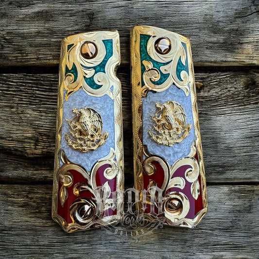 1911 45 38 Super Full Size Mexican Eagle Gold Gun Pistol Grip Cachas & 24K Screw