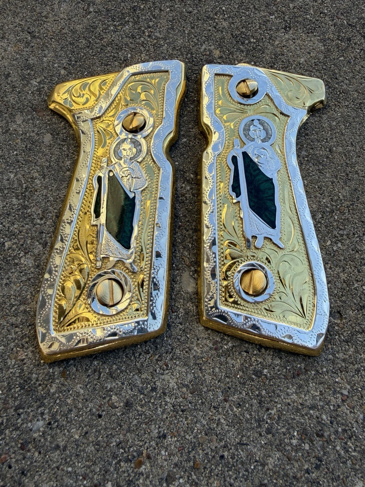 Beretta 92FS Cachas San Judas Gold Plated Pistol Custom Grips & Gold Screws