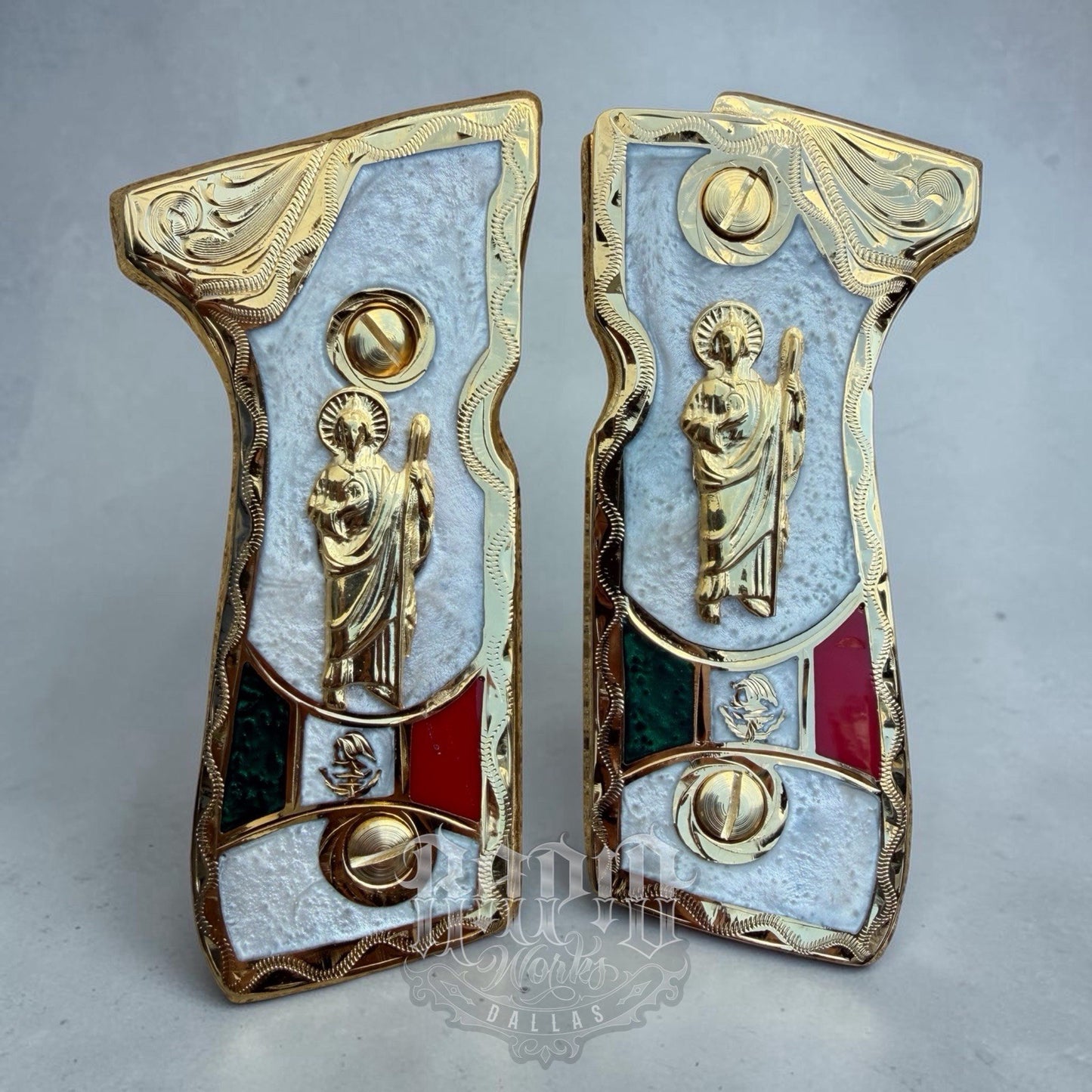 Beretta 92FS Cachas San Judas Gold Plated Pistol Custom Grips & Gold Screws