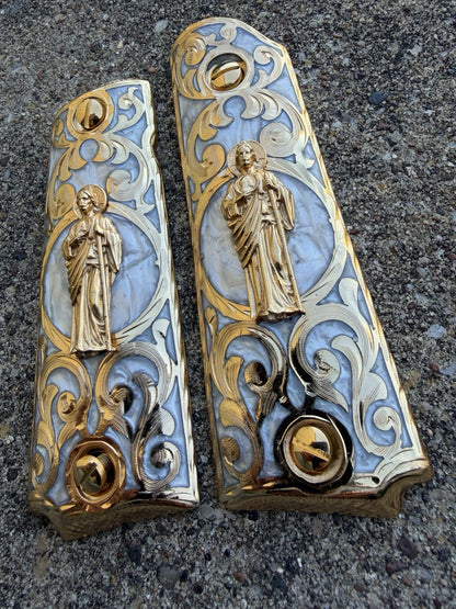 1911 45 38 Super Full Size San Judas Gold Gun Pistol Grip Cachas & 24K Screws