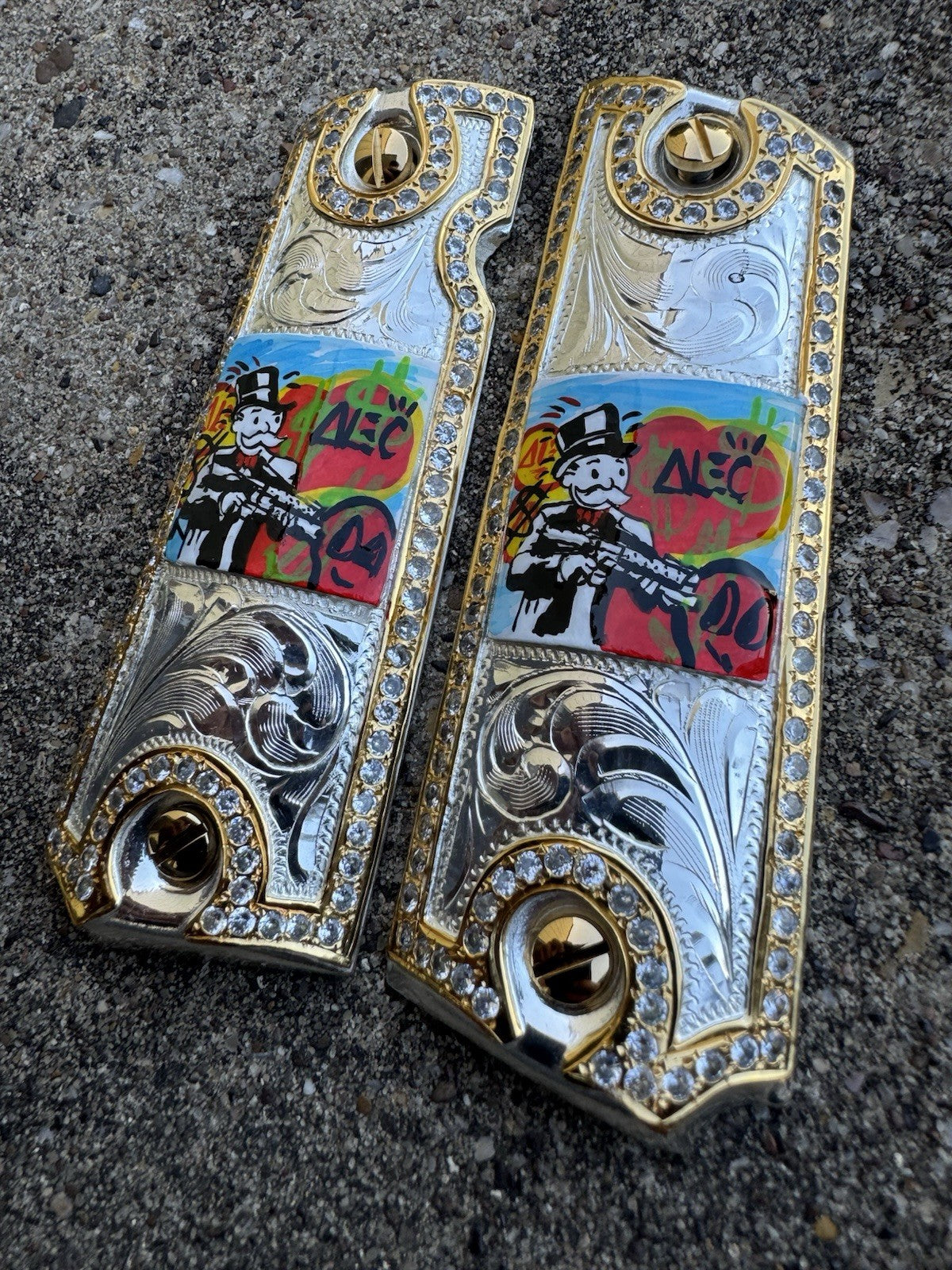 1911 ZIRCONIA 45 38 SUPER MONOPOLY GOLD GUN PISTOL GRIP CACHAS & 24K SCREWS