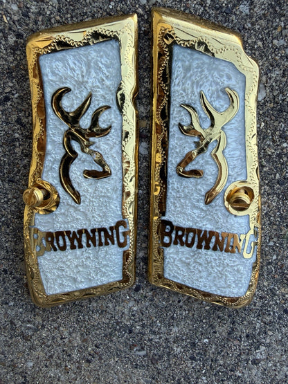 Browning Hi-Power 9mm Gold Gun Pistol Grip Cachas & 2 24K Screws