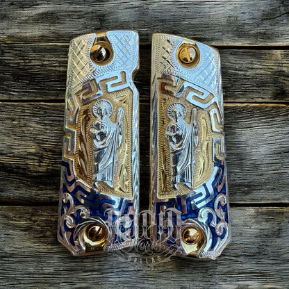 1911 45 38 Super San Judas Full Size Gold Gun Pistol Grip Cachas & 24K Screws