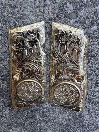 Browning Hi-Power 9mm Azteca Gold Gun Pistol Grip Cachas & 24k Screws