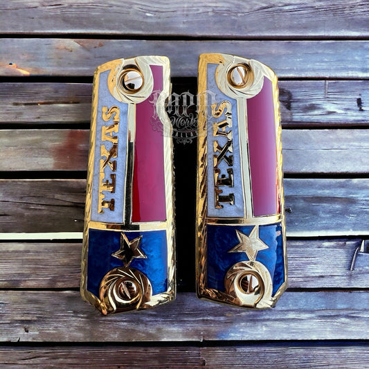 1911 45 38 Super Texas Flag Gun Pistol Grip Cachas Chapeado De Oro & 24K Screws