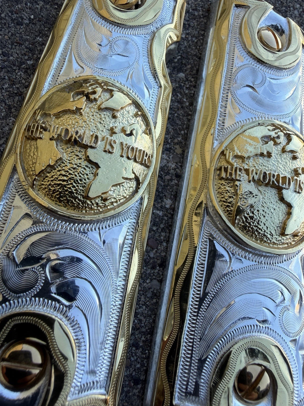 1911 45 38 Super Full Size World Is Yours Gold Gun Pistol Grip Cachas & 24KScrew
