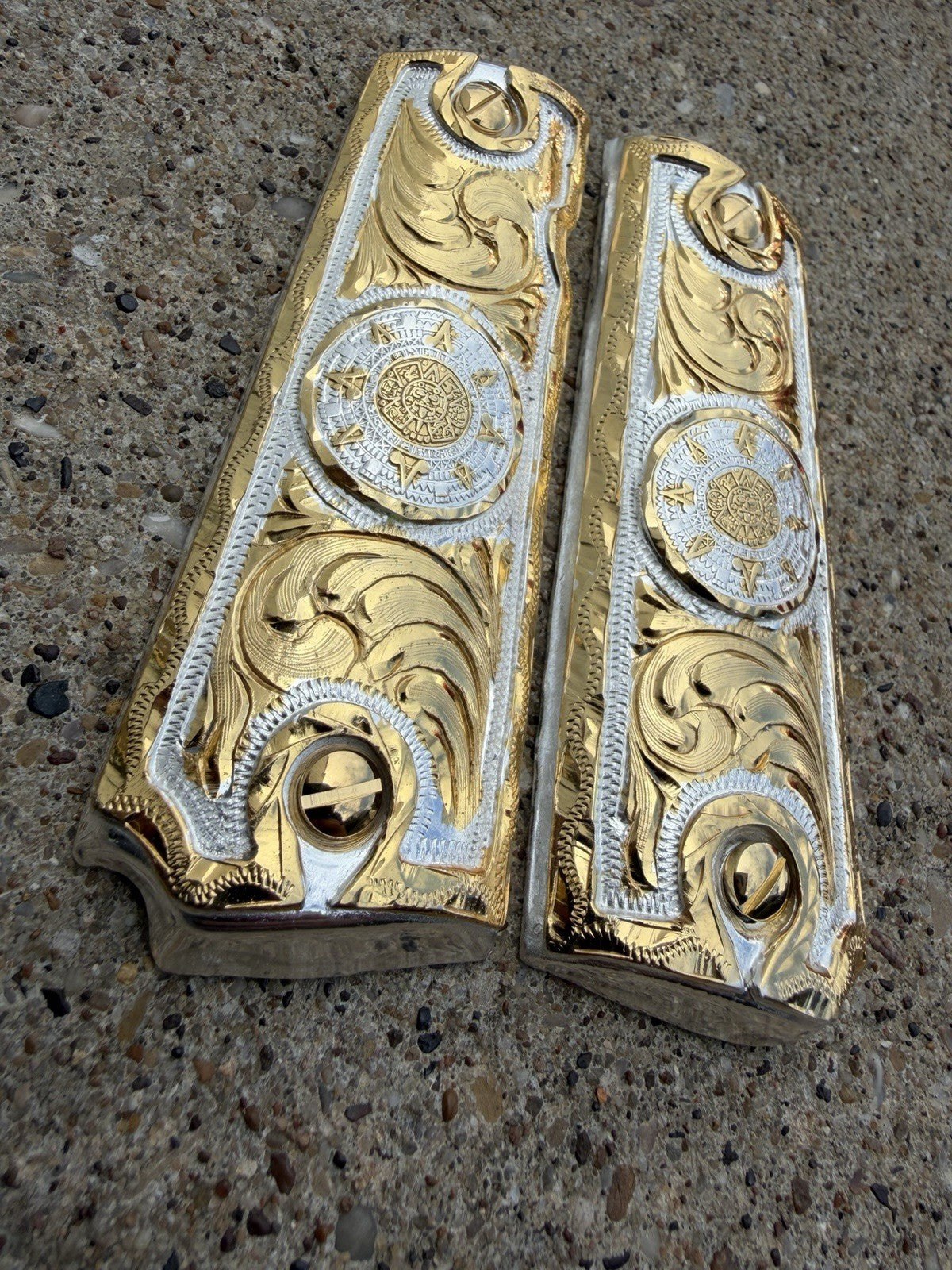 1911 45 38 Super Full Size Aztec Gold Gun Pistol Grip Cachas & 24K Screws