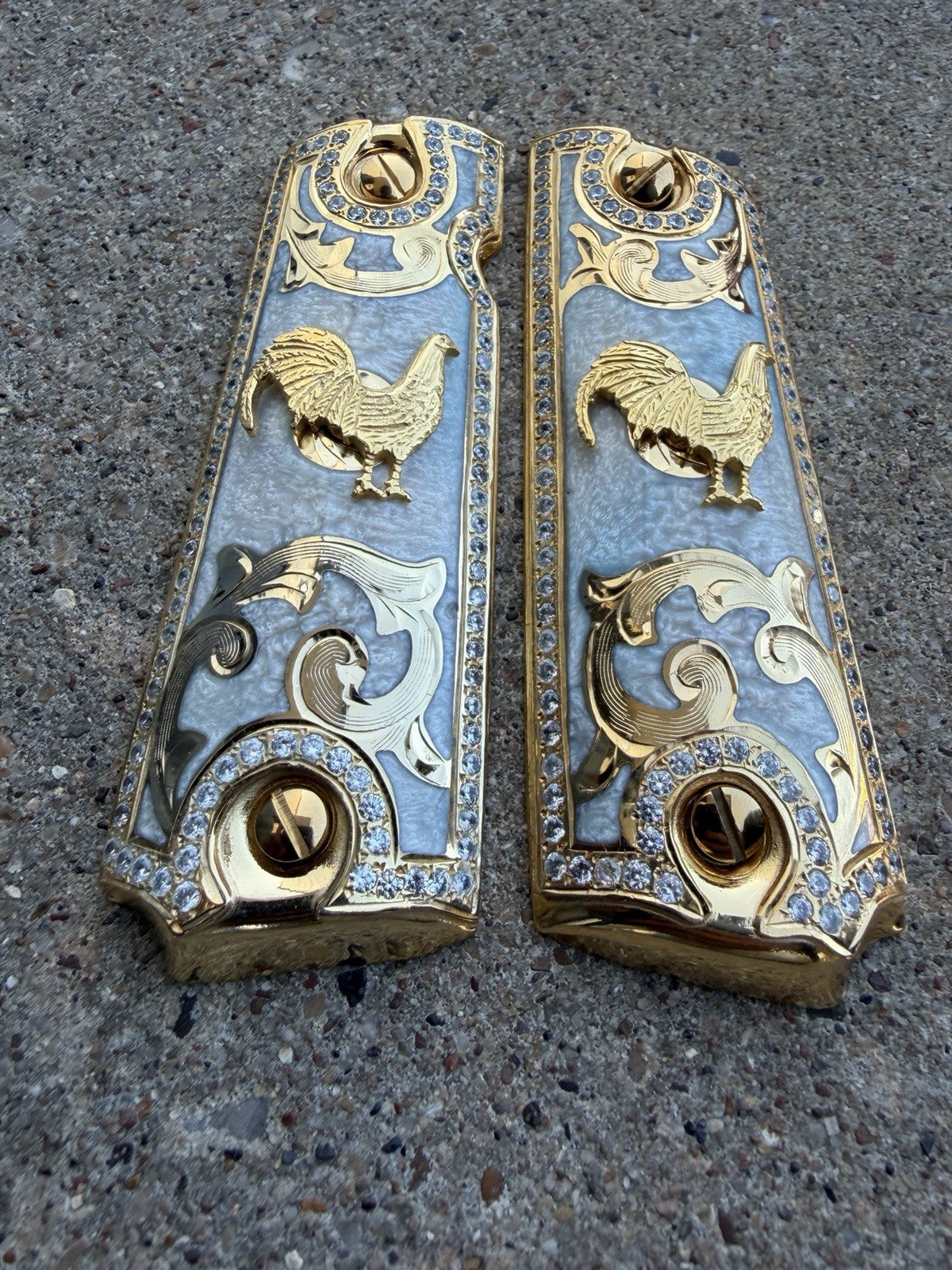 1911 ZIRCONIA 45 38 SUPER GALLO GOLD GUN PISTOL GRIP CACHAS & 24K  SCREWS