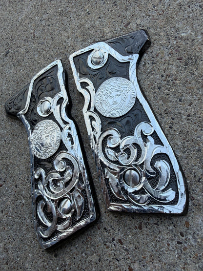 Beretta 92FS Cachas Versace Silver Plated Pistol Custom Grips & Silver Screws