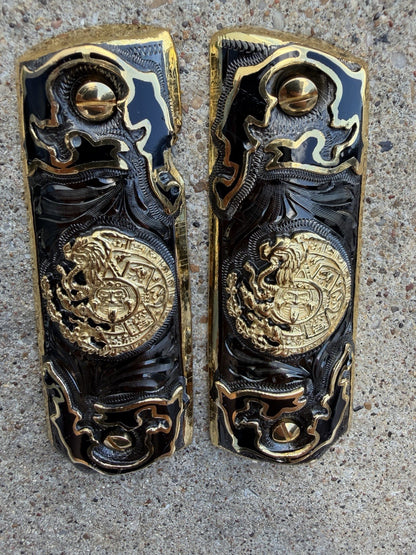 1911 45 38 Super Full Size Azteca Gold Gun Pistol Grip Cachas & 24K Screws