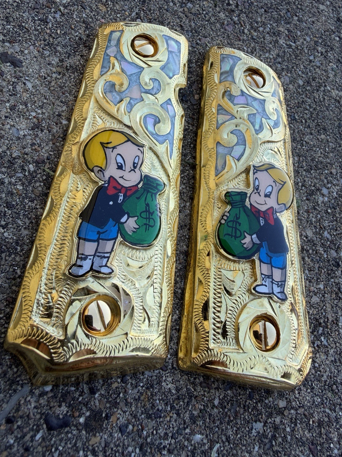 1911 45 38 Super Full Size Richie Rich Gold Gun Pistol Grip Cachas & 24K Screws