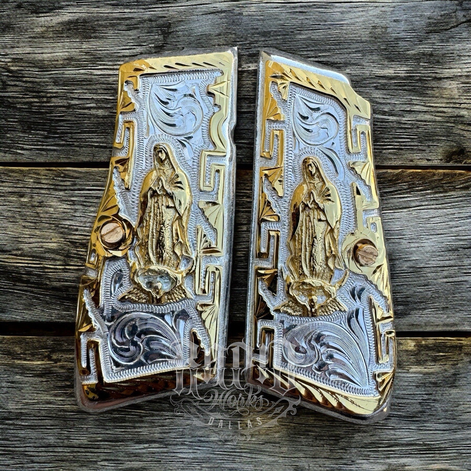 Browning Hi-Power 9mm Virgen De Guadalupe Gold Gun Pistol Grip Cachas & Screws