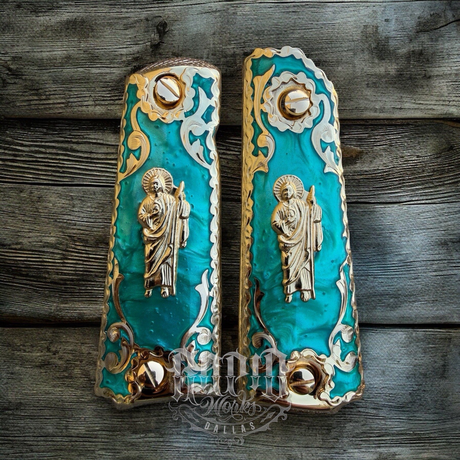 1911 45 38 Super Full Size San Judas Gold Gun Pistol Grip Cachas & 24K Screws