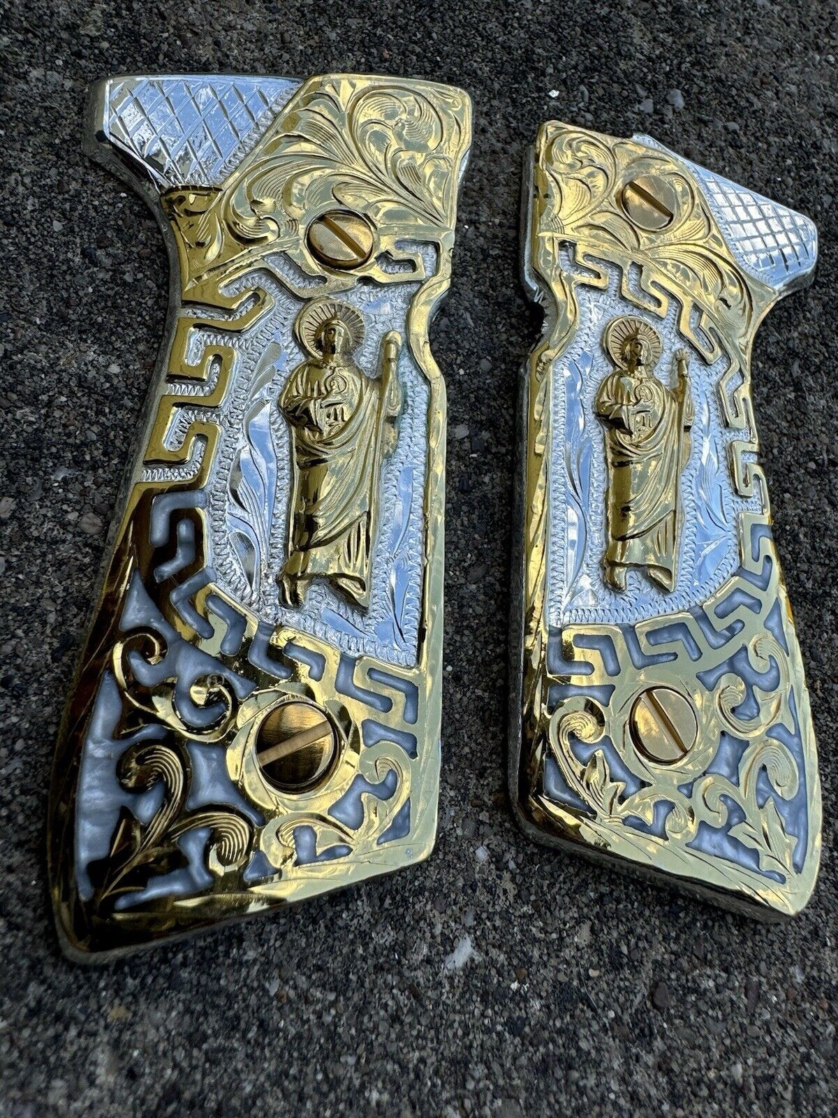 Beretta 92FS Cachas San Judas Gold Plated Pistol Custom Grips & Gold Screws