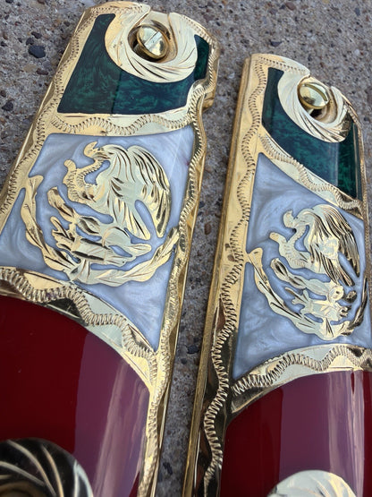 1911 45 38 Super Full Size Mexican Flag Gold Gun Pistol Grip Cachas & 24K Screws