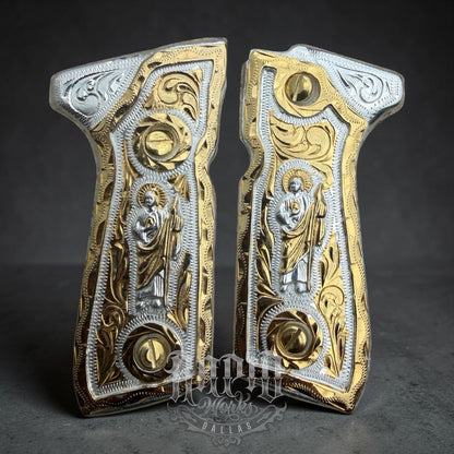 Beretta 92FS Cachas San Judas Gold Plated Pistol Custom Grips & Gold Screws