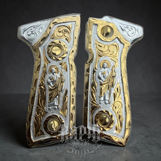 Beretta 92FS Cachas San Judas Gold Plated Pistol Custom Grips & Gold Screws