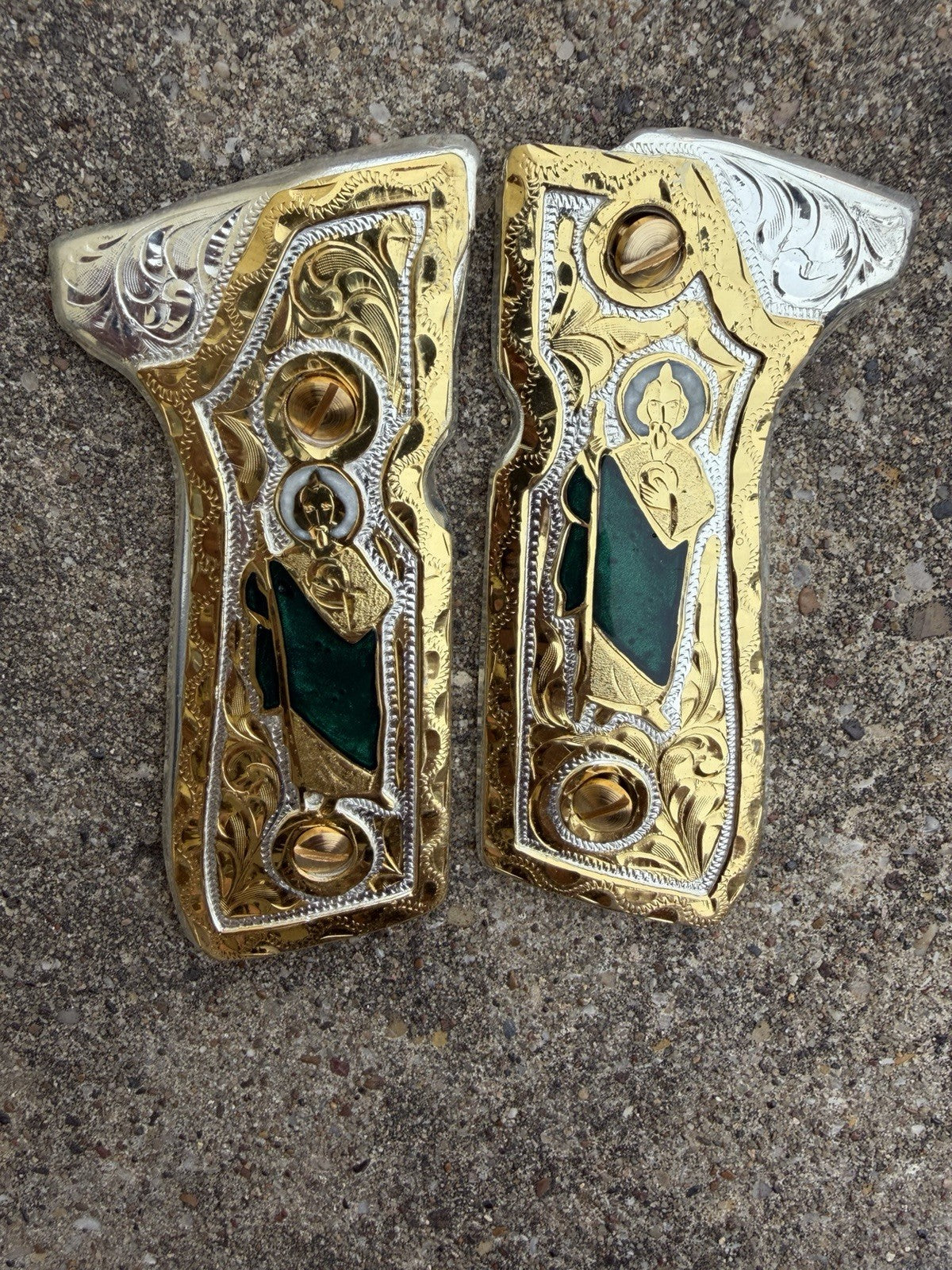 Beretta 92FS Cachas San Judas Gold Plated Pistol Custom Grips & Gold Screws