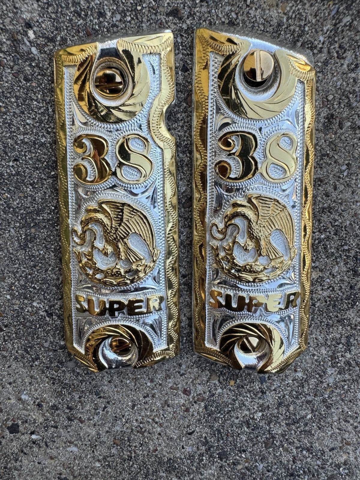 1911 45 38 Super Full Size Aguila Gold Gun Pistol Grip Cachas & 24K Screws