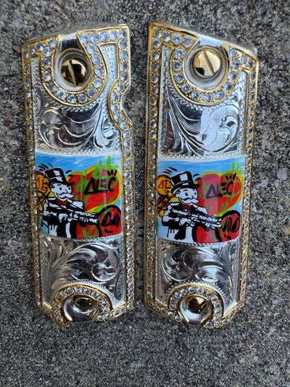 1911 ZIRCONIA 45 38 SUPER MONOPOLY GOLD GUN PISTOL GRIP CACHAS & 24K SCREWS