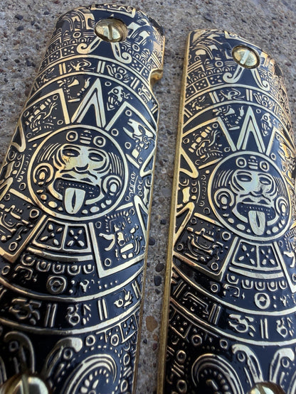 1911 45 38 Super Full Size Aztec Gold Gun Pistol Grip Cachas & 24K Screws