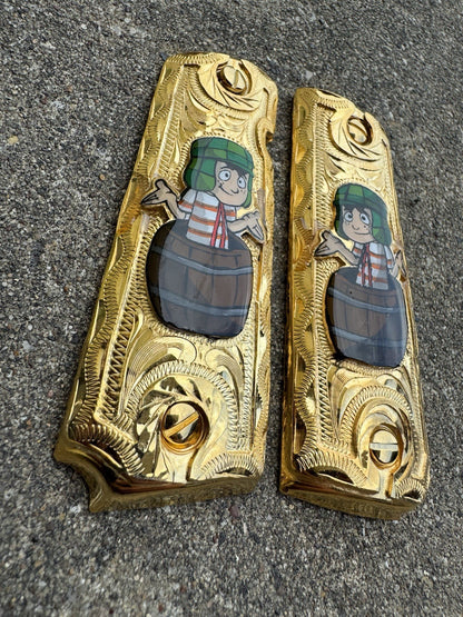 1911 45 38 Super Full Size El Chavo Gold Gun Pistol Grip Cachas & 24K Screws