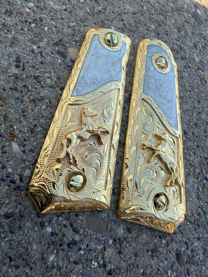 1911 45 38 Super Full Size Horse Gold Gun Pistol Grip Cachas  & 24K Screws