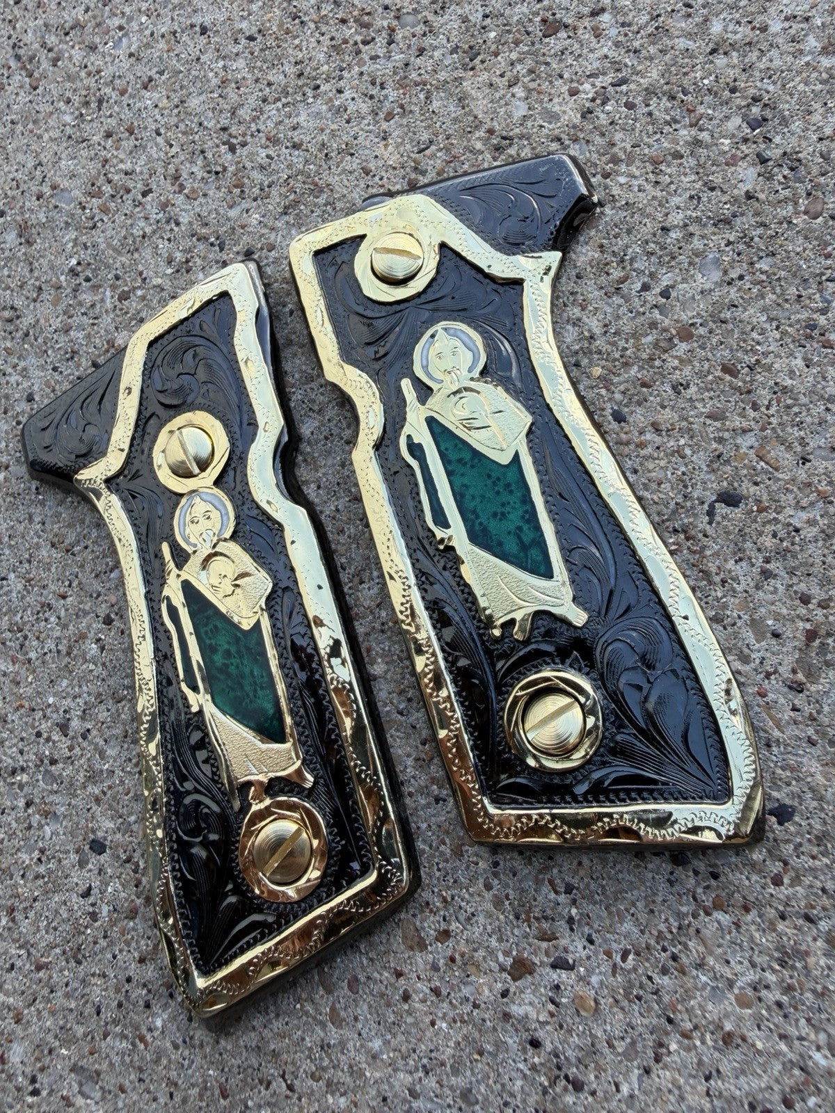 Beretta 92FS Cachas San Judas Gold Plated Pistol Custom Grips & Gold Screws