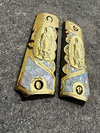 1911 45 38 Super Full Size Virgen De Guadalupe Gold Gun Grip Cachas & 24K Screws