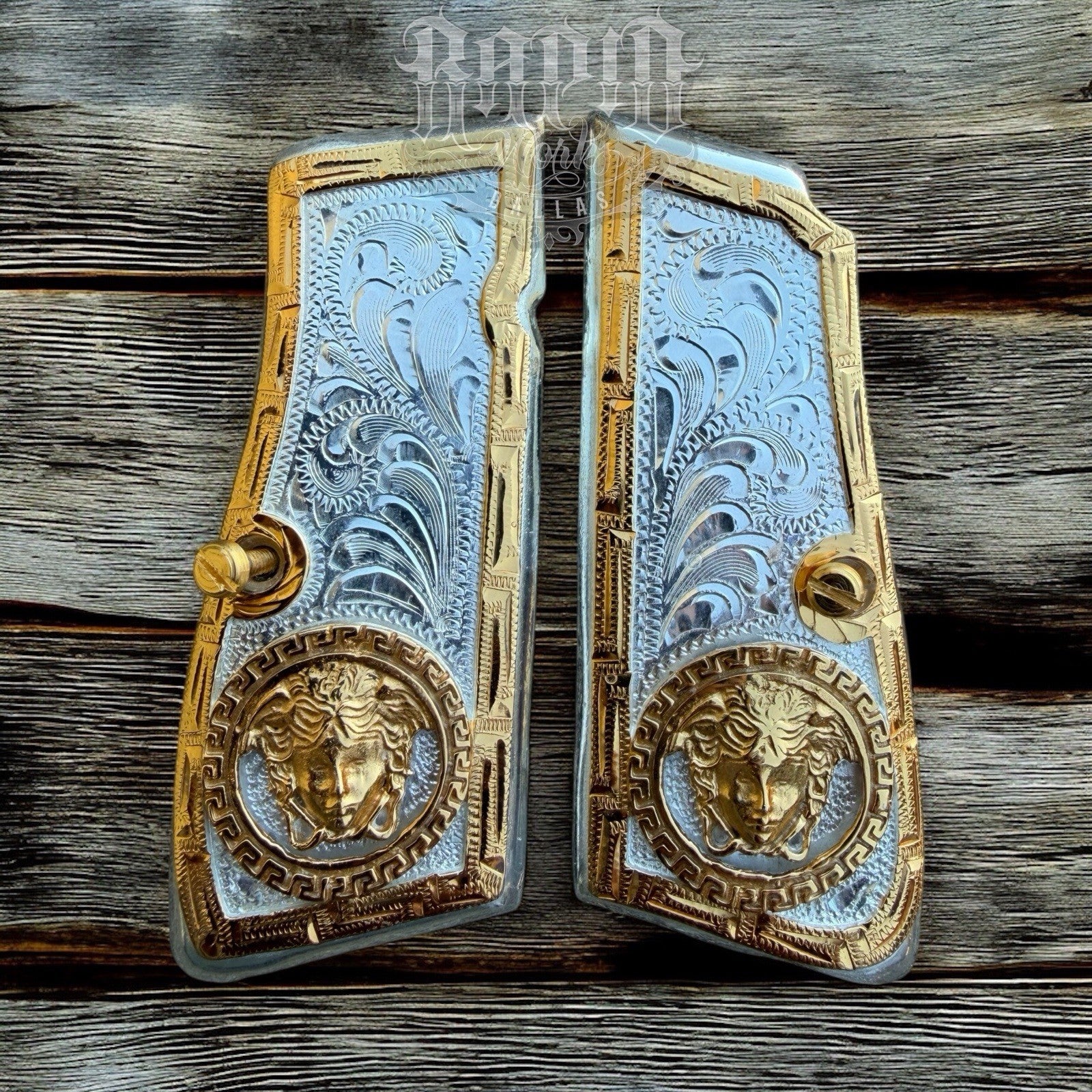 Browning Hi-Power 9mm Versace Gold Gun Pistol Grip Cachas & 2 24K Screws