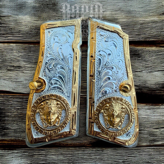 Browning Hi-Power 9mm Versace Gold Gun Pistol Grip Cachas & 2 24K Screws