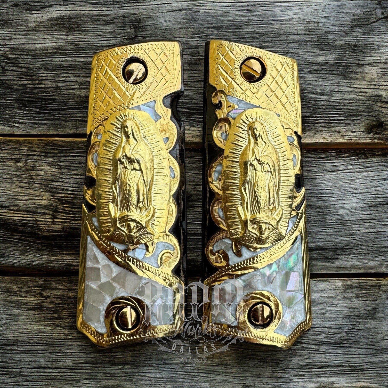 1911 45 38 Super Full Size Virgen De Guadalupe Gold Gun Grip Cachas & 24K Screws