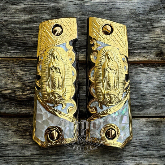 1911 45 38 Super Full Size Virgen De Guadalupe Gold Gun Grip Cachas & 24K Screws