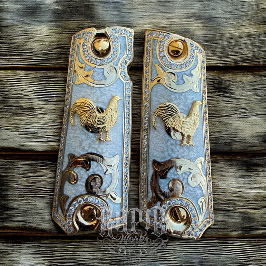 1911 ZIRCONIA 45 38 SUPER GALLO GOLD GUN PISTOL GRIP CACHAS & 24K SCREWS