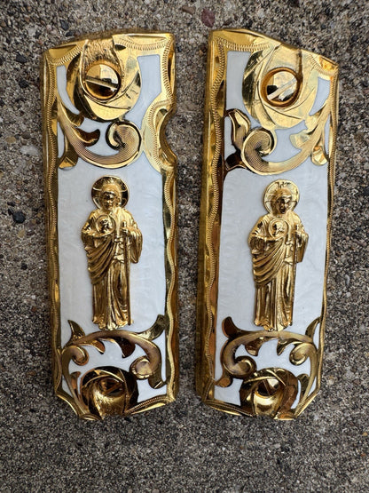 1911 45 38 Super Full Size San Judas Gold Gun Pistol Grip Cachas & 24K Screws