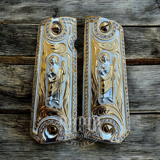 1911 ZIRCONIAS SAN JUDAS 45 38 SUPER COLT GOLD GUN PISTOL GRIP CACHAS & 24KSCREW