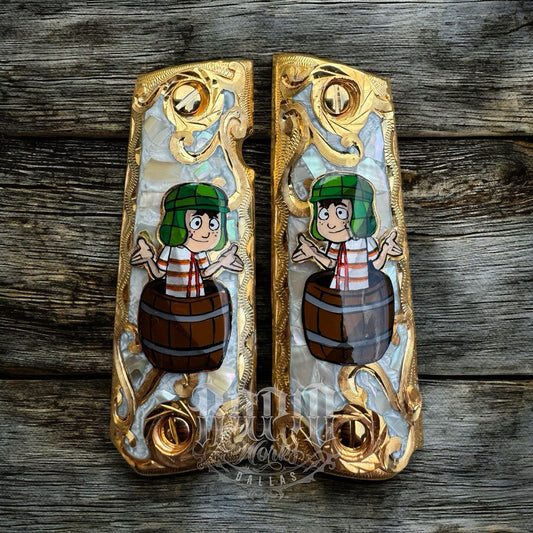 1911 45 38 Super Full Size El Chavo Gold Gun Pistol Grip Cachas & 24K Screws